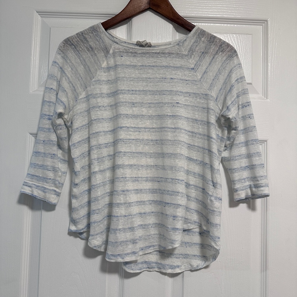 Joie 100% Linen Blue and White stripe 3/4 Sleeve shirt